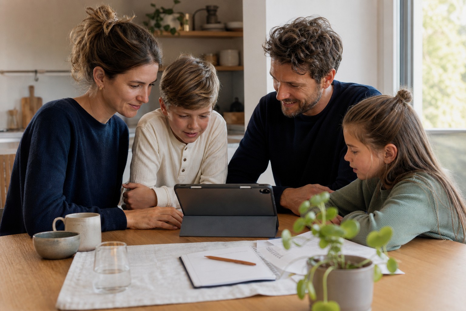 Familie plant gemeinsam Aufgaben am Küchentisch.